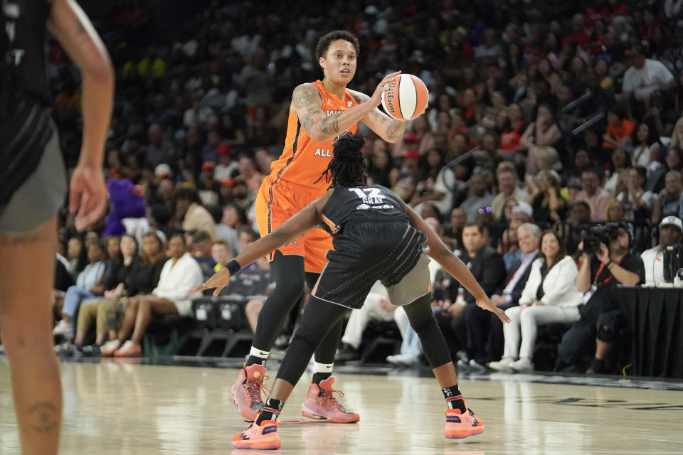 Team Stewart's Brittney Griner controls the ball against Team Wilson's Chelsea Gray during the first half in the 2023 WNBA All-Star Game at Michelob Ultra Arena in Las Vegas on July 15, 2023. (Lucas Peltier/USA TODAY Sports)
