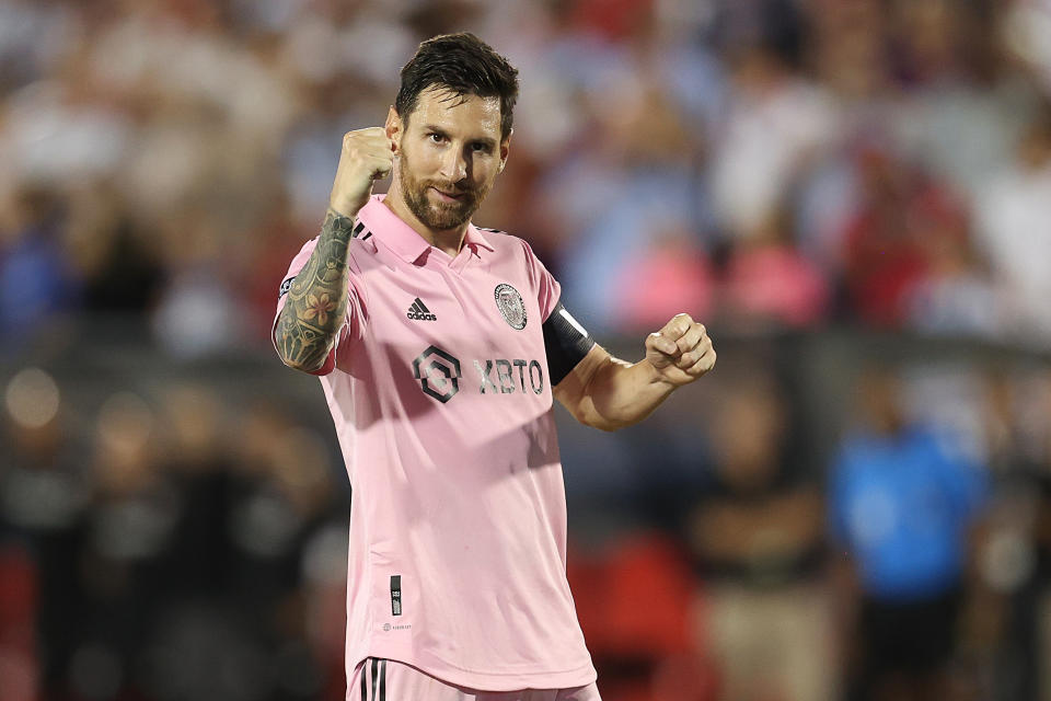 FRISCO, TEXAS - AUGUST 6: Lionel Messi #10 of Inter Miami CF celebrates after scoring the first penalty kick during the round of 16 Leagues Cup football match between Inter Miami CF and FC Dallas at Toyota Stadium on August 6, 2023 in Frisco, Texas. (Photo by Omar Vega/Getty Images)