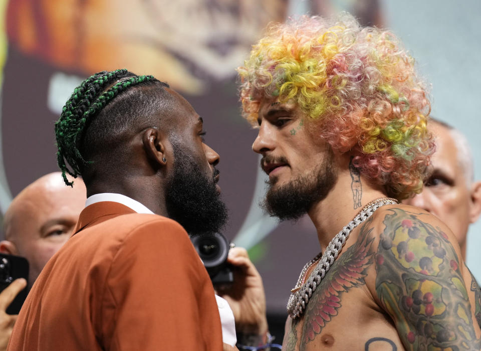 BOSTON, MASSACHUSETTS - AUGUST 17: (L-R) Opponents Aljamain Sterling and Sean O'Malley face off during the UFC 292 press conference at TD Garden on August 17, 2023 in Boston, Massachusetts. (Photo by Mike Roach/Zuffa LLC via Getty Images)