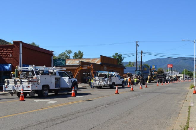 Construction work updating sewer and water lines along Main Street in Yreka continues on Thursday, June 23, 2022. The project is to be complete in the coming weeks, in advance of a larger streetscape renovation project let by Caltrans.