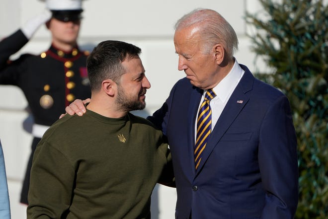 President Biden welcomes President Volodymyr Zelenskyy of Ukraine on the South Lawn of the White House December 21, 2022.  The Ukrainian President visited Washington to meet with Biden and US lawmakers. President Zelenskyy will also address a joint meeting of Congress at the Capitol during his first trip outside his country since Russia began its violent invasion of Ukraine in February.