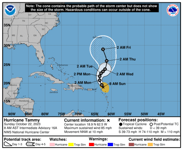 Hurricane Tammy Cone of Uncertainty as of 8 a.m. Sunday, Oct 22, 2023. (NHC)