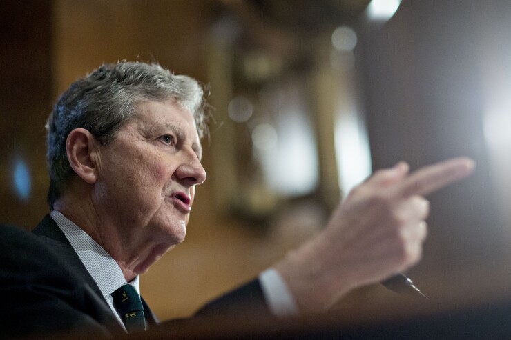 Senator John Kennedy, a Republican from Louisiana, questions Richard Smith, former chairman and chief executive officer of Equifax, not pictured, during a Senate Banking Committee hearing in Washington.