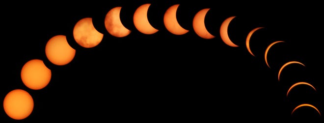 A composite of 14 images made during the solar eclipse Aug. 21, 2017, starting at 12:56 p.m. and ending at 2:25 p.m.