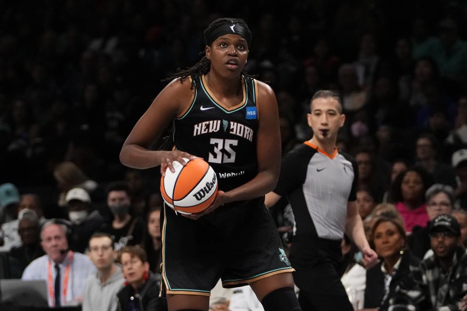 The New York Liberty will need another big game from Jonquel Jones to stave off elimination once again in the 2023 WNBA Finals. (AP Photo/Frank Franklin II)