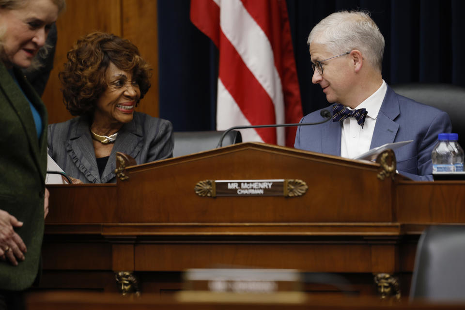 WASHINGTON, DC - MARCH 06: House Financial Services Committee ranking member Rep. Maxine Waters (D-CA) speaks with Rep. Patrick McHenry (R-NC) before a hearing in the Rayburn House Office Building on Capitol Hill on March 06, 2024 in Washington, DC. Powell testified that the Fed may begin to lower borrowing costs in 2024 but that economists need more confidence that inflation was under control before changing interest rates.