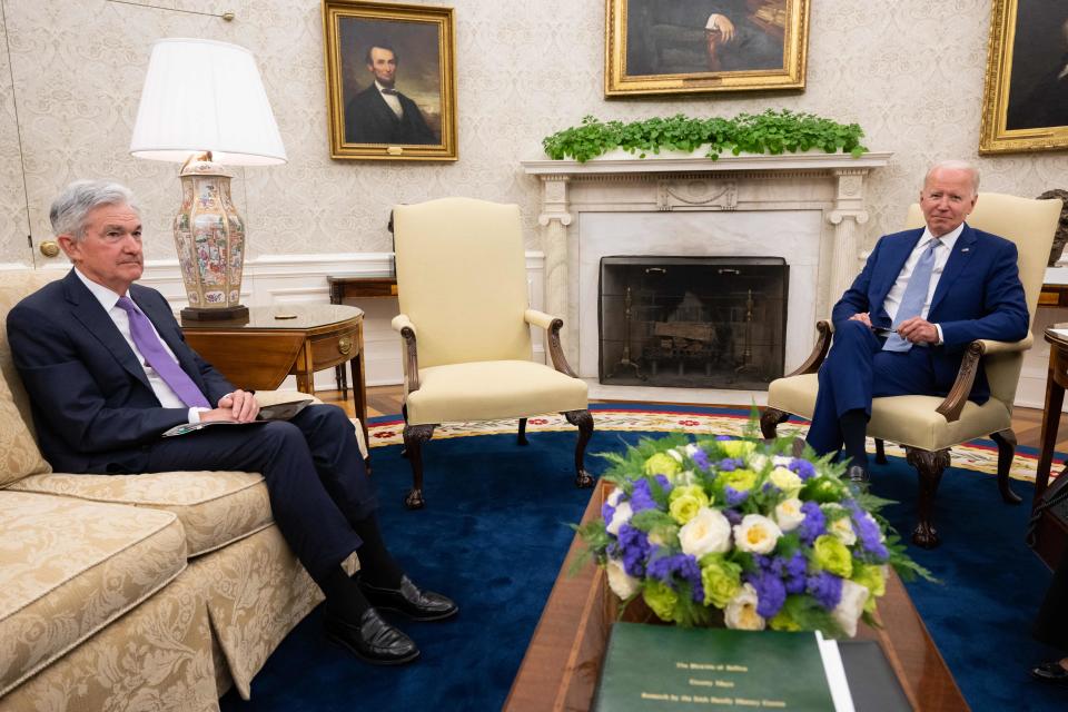 US President Joe Biden and Chairman of the Federal Reserve Jerome Powell hold a meeting in the Oval Office of the White House in Washington, DC, May 31, 2022. (Photo by SAUL LOEB / AFP) (Photo by SAUL LOEB/AFP via Getty Images)
