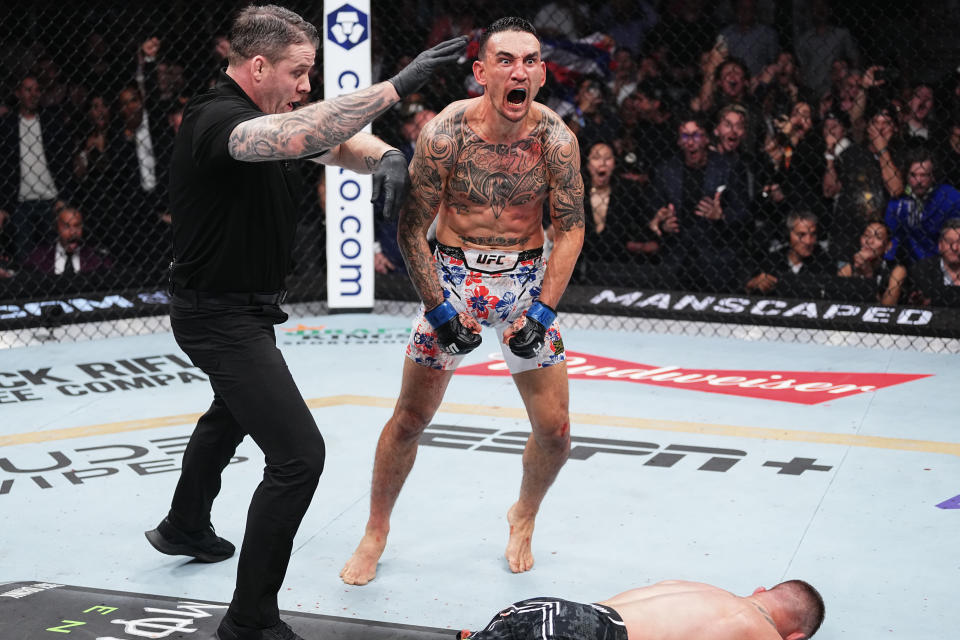 Max Holloway reacts to the knockout of Justin Gaethje