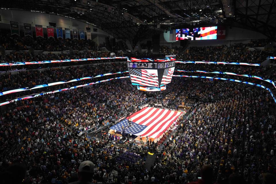 Apr 2, 2023; Dallas, TX, USA; A general overall view of a United States flag on the court during the playing of the national anthem before the NCAA Womens Basketball Final Four National Championship between the LSU Lady Tigers and the Iowa Hawkeyes at American Airlines Center. Mandatory Credit: Kirby Lee-USA TODAY Sports