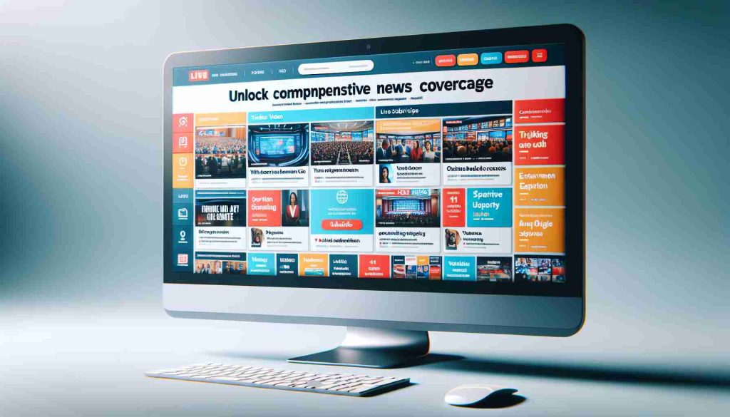 High definition image of a computer screen showing a news coverage website page with the message 'Unlock Comprehensive News Coverage with Your Digital Subscription'. The website design should be user-friendly with bright colors, well organized menus, and engaging thumbnails. The web page should feature headlines of various news from around the world encompassing politics, technology, sports, and entertainment. It should also present trending videos and articles, live updates and the option to subscribe for the digital version of the news.