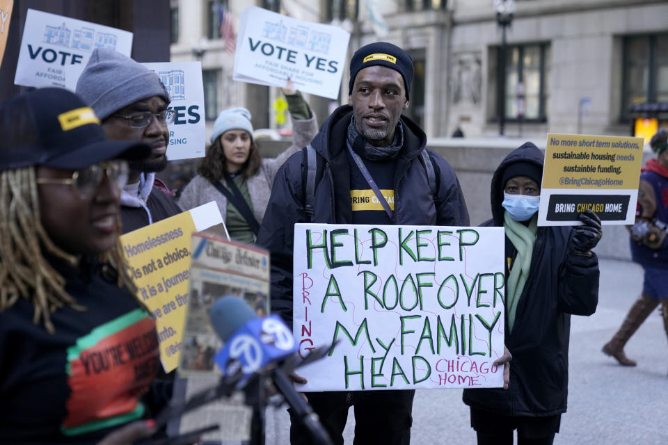 FILE - Brian Rodgers participates in a rally, Feb. 14, 2024, prior to a court hearing on a Chicago ballot measure that would raise a one-time tax on luxury properties to fund services for homeless people in Chicago. The ballot will be on the March 19 primary ballot, a panel of Illinois appeals court judges ruled Wednesday, March 6. (AP Photo/Charles Rex Arbogast, File)