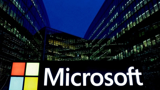 Latest news on August 9, 2024: A view shows a Microsoft logo at Microsoft offices in Issy-les-Moulineaux near Paris, France.