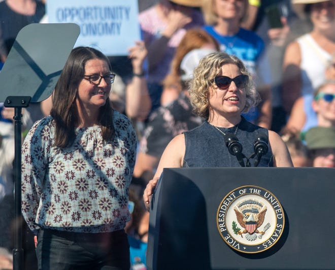 Throwback Brewery co-founders and co-owners Nicole Carrier, at the microphone, and Annette Lee introduce Vice President Kamala Harris in North Hampton, Wednesday Sept. 4, 2024.