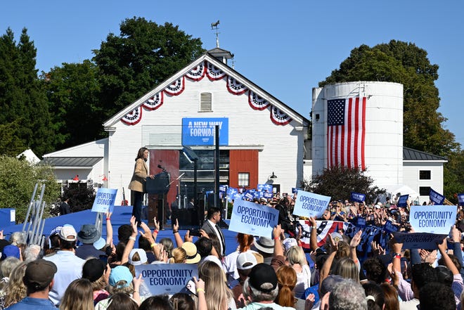 Democratic presidential candidate and Vice President Kamala Harris addresses supporters at Throwback Brewery in North Hampton, Wednesday, Sept. 4, 2024.