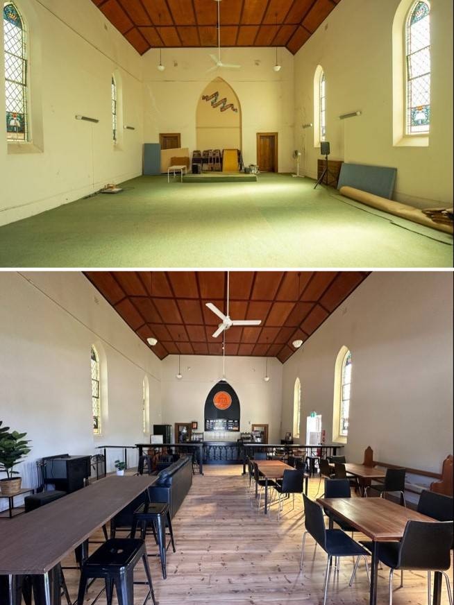 The inside of the church before and after the restoration process.